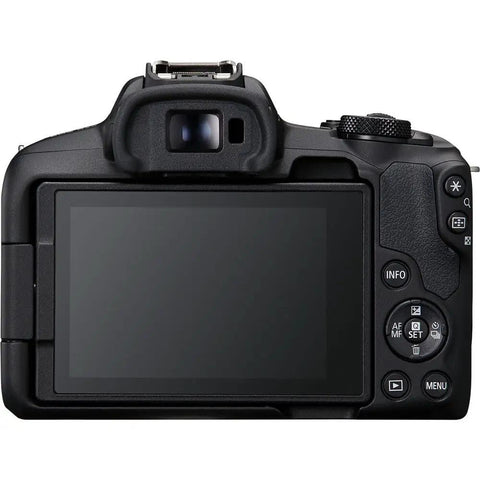 Rear view of R50 APSC Mirrorless Camera Kit with 18 to 45mm Lens, showcasing the vari angle touchscreen and control buttons.