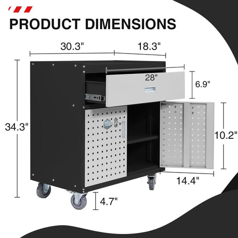 Mobile Garage Storage Cabinet With Wheels Pegboard Drawer And Adjustable Shelf For Tools And Hardware Built In Door Pegboard For Hanging Heavy Duty Easy Roll Metal Tool Cabinet For Workshop Organization, 34.3" high