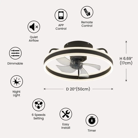 20 Inch Low Profile Ceiling Fan With Lights Dope Modern Flush Mount Dimmable LED Chandelier Glow Black Features