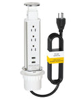 Pop Up Power Outlet For Countertop With 3 AC Outlets And 2 USB Ports, Hidden Recessed Socket That Pulls Up For Kitchen, Office Desk, Or Conference Table, Flush Mount White with attached cord.
