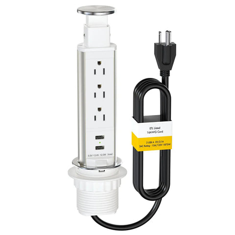 Pop Up Power Outlet For Countertop With 3 AC Outlets And 2 USB Ports, Hidden Recessed Socket That Pulls Up For Kitchen, Office Desk, Or Conference Table, Flush Mount White with attached cord.