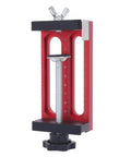 Pro Grade Dowel Hole Guide Aluminum Alloy Drill Jig front view with adjustable screw mechanism and measurement markings for woodworking.