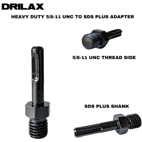 Heavy Duty Five Eighths Inch To Eleven UNC SDS Plus Shank Adapter For Hammer Drills And Core Drill Bits With Secure Fit Arbor Shaft Attachment, Industrial Grade Steel, Durable, Easy Connection; features 5/8-11 UNC thread side and SDS Plus shank visible.