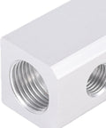 Close-up of Three Way Aluminum Air Manifold With Five Ports, One Quarter Inch NPT Output And Half Inch NPT Supply Port