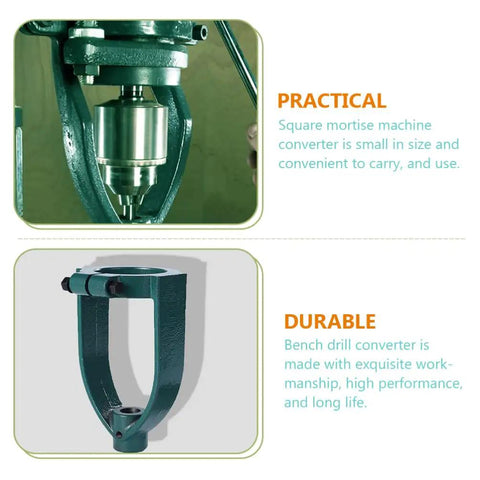 Close-up of Rock Solid Portable Drill Press Square Tenon Converter showing durable steel housing for precise mortising work.