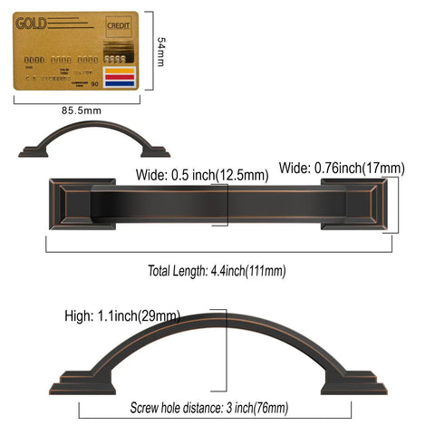 Detailed dimensions of Oil Rubbed Bronze Cabinet Pulls With 3 Inch Centers Arch Style Handles for kitchen cabinets.