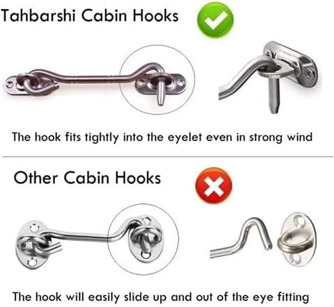 Stainless Steel Heavy Duty Gate Hook and Eye Latch for Door Window Cabinet comparison image showing secure and loose fittings.