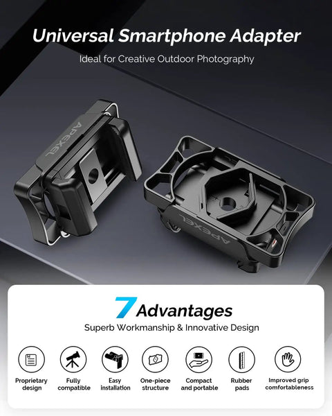 Universal Telescope Phone Mount Adapter with One Piece Clip and Silicone Safe Clamp displayed on dark surface