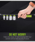 Heavy Duty Socket Organizer Set With Rails For One Quarter, Three Eighths, And One Half Inch Sockets, Secure Clip Mounts