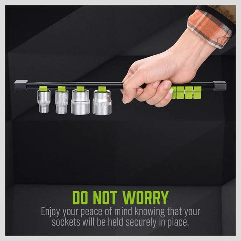 Heavy Duty Socket Organizer Set With Rails For One Quarter, Three Eighths, And One Half Inch Sockets, Secure Clip Mounts