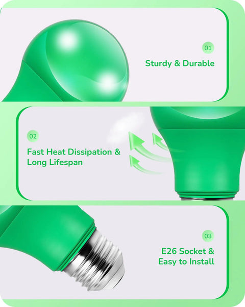Green A19 LED Light Bulbs For Christmas Decoration 60W Equivalent E26 Base 9W 600 Lumens durability and installation features