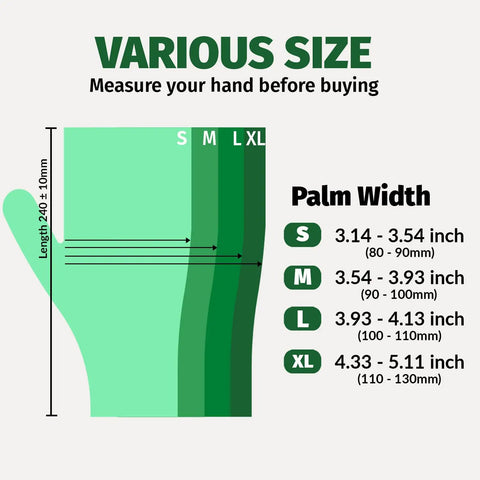 Measurement guide for Badass Heavy Duty Disposable Vinyl Gloves, Latex Free Powder Free in various sizes including XL.