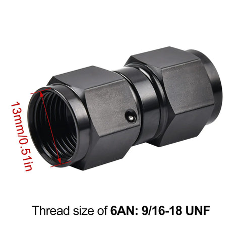6AN Female To 6AN Female Beefy Straight Swivel Coupler Union Fitting Adapter Aluminum Black 9/16-18 UNF Thread 1500 PSI Max Minus 40F To 250F 37 Degree Flare Seal Ideal For Fuel Oil And Fluid Lines, 6AN female-to-female