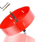 Red 5.5-inch bi-metal hole saw with center pilot bit; heavy-duty cutter for wood, plastic, plywood, thin metal