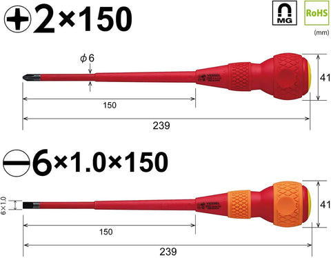 Pro Grade Insulated Ball Grip Screwdrivers Set Of Two With 150Mm Shafts And 6Mm Diameter VDE Certified shown with measurements