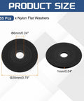 Rock Solid Nylon Flat Washers M6 6mm X 20mm X 1mm Thick Black Plastic Screw And Bolt Spacers for plumbing repairs, showing sizes.