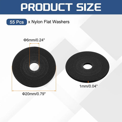 Rock Solid Nylon Flat Washers M6 6mm X 20mm X 1mm Thick Black Plastic Screw And Bolt Spacers for plumbing repairs, showing sizes.