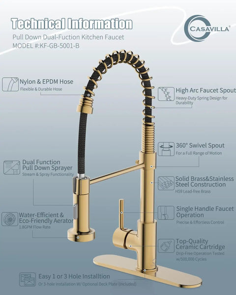 Brushed Gold Kitchen Faucet With Soap Dispenser And Deck Plate for RV And Farmhouse Sinks, Single Handle Pull Down Sprayer