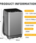 Super Compact Portable Washing Machine Grey Fully Automatic Top Load Washer showing product dimensions and features.