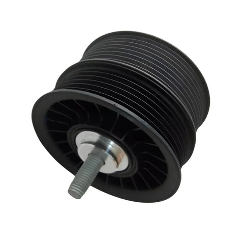Get Your Ride Cranking With This Supercharger Double Pulley Drive Belt Idler Pulley Set For M113K CLS55 SL55 S55 G55 AMG Models 2003 Through 2008 Featuring Precision Machining And Stable Buffering Performance. View of black idler pulley with metal shaft.