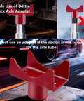 Heavy Duty Bottle Jack Axle Adapter Saddle for 2, 3, 4 inch round or square axles, alloy steel, shown in safe use with vehicle.