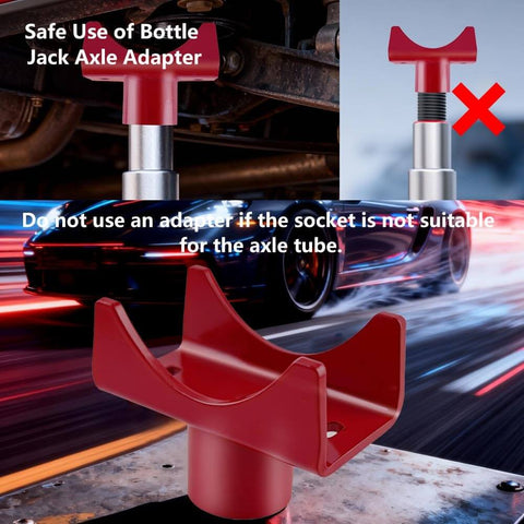 Heavy Duty Bottle Jack Axle Adapter Saddle for 2, 3, 4 inch round or square axles, alloy steel, shown in safe use with vehicle.