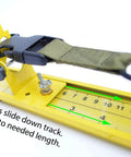 Adjustable Paracord Jig 2 To 47 Inches, Lightweight Aluminum Craft Tool with green strap on yellow track, side view.
