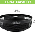 Snack organizer: round black metal tray with four compartments and divider; countertop spinning Lazy Susan