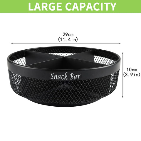 Snack organizer: round black metal tray with four compartments and divider; countertop spinning Lazy Susan