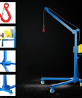 Heavy Duty Portable Hoist Stand Foldable Workshop Engine Crane With Two Way Self Locking Winch, blue metal frame with pulley.