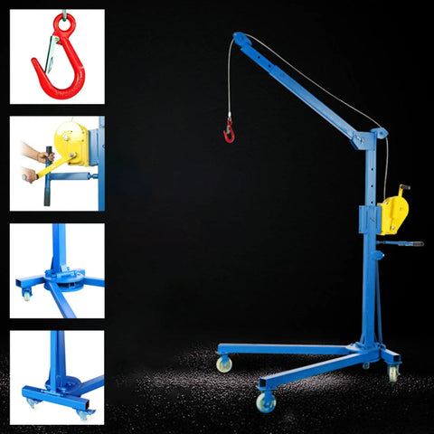 Heavy Duty Portable Hoist Stand Foldable Workshop Engine Crane With Two Way Self Locking Winch, blue metal frame with pulley.