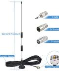 Magnetic Base FM Antenna For Indoor Home Stereo Receivers With Bluetooth That Actually Boosts FM Radio Reception Compatible With Pioneer Onkyo Yamaha Marantz Sherwood Tuner And AV Systems Easy Install Digital HD Radio with connectors and dimensions.