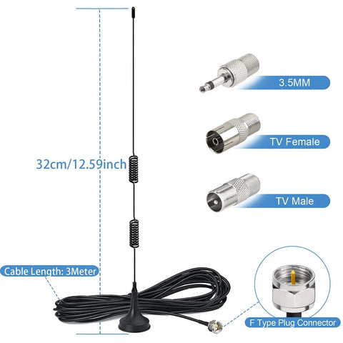 Magnetic Base FM Antenna For Indoor Home Stereo Receivers With Bluetooth That Actually Boosts FM Radio Reception Compatible With Pioneer Onkyo Yamaha Marantz Sherwood Tuner And AV Systems Easy Install Digital HD Radio with connectors and dimensions.