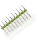Top view of Carbide Micro PCB Drill Bit Set for Circuit Board Repair and Rework, ten-piece kit with nine sizes, 1/8 inch shank.