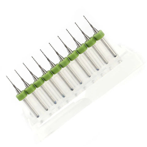 Top view of Carbide Micro PCB Drill Bit Set for Circuit Board Repair and Rework, ten-piece kit with nine sizes, 1/8 inch shank.