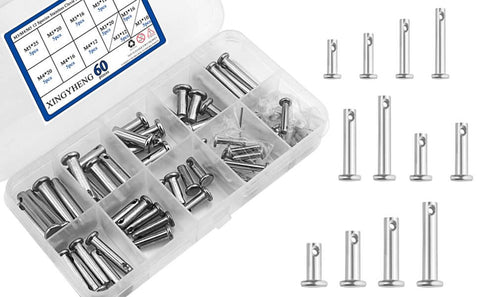60 Piece Stainless Clevis Pins Set With Holes - M3, M4, M5 Flat Head Location Pins, T-Shape And Round Pins, 12 Sizes in box
