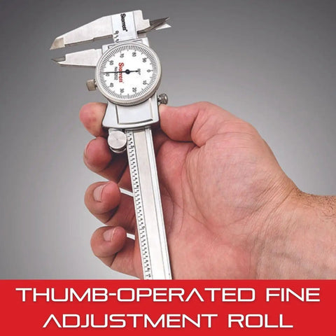 Dial Caliper With Adjustable Bezel And Fitted Case White Face 0 To 6 Inch Range Pro Grade Precision in hand showing thumb adjustment