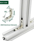 Close-up of Heavy Duty 30 Piece 2020 Aluminum Extrusion Corner Bracket Kit with size dimensions and usage example on 2020 rail.