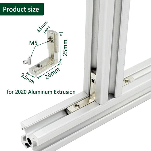 Close-up of Heavy Duty 30 Piece 2020 Aluminum Extrusion Corner Bracket Kit with size dimensions and usage example on 2020 rail.