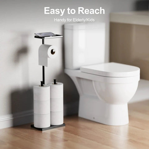 Free Standing Toilet Paper Holder With Shelf For Bathroom Holds Seven Rolls Total With One In Use And Six In Reserve near toilet