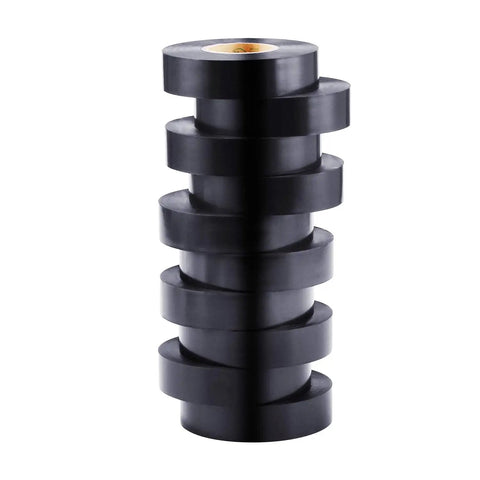 Stack of 10 rolls of black vinyl tape, 10 Pack Black Waterproof Electrical Tape Three Quarter Inch by Sixty Six Feet Pro Grade Industrial UL CSA Listed High Temp Vinyl Tape for Wiring Insulation and Outdoor Projects.
