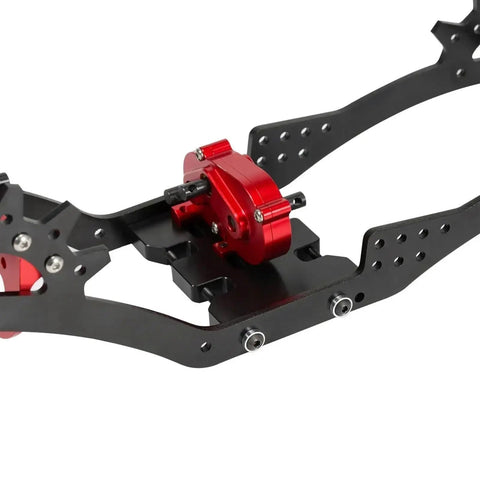 RC Transmission Gearbox For 1 By 10 Scale Crawlers Cheater Rigs Aluminum Alloy Transfer Case With Delrin Spur Gear Red Beefy Torque For Max Climb Power And Smooth Acceleration mounted in RC chassis