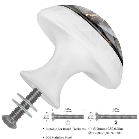 Black Marble Pattern Cabinet Knobs Set Of 2 For Kitchen Cabinets And Furniture Drawers with screw details, 1.37 inch diameter.