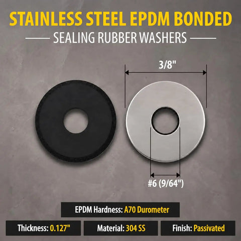 Heavy Duty Number Six EPDM Bonded Sealing Washers With 304 Stainless Steel Core And Tight Rubber Face For Roofing Screws Straight Up Weatherproof Top Shelf Fastening Hardware 500 Pack showing dimensions and materials.