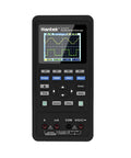 Portable 2 Channel 70MHz Oscilloscope with Built In Waveform Generator and Multimeter, black handheld, screen displaying waveform patterns.