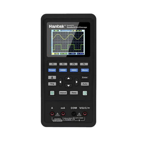 Portable 2 Channel 70MHz Oscilloscope with Built In Waveform Generator and Multimeter, black handheld, screen displaying waveform patterns.