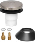Heavy Duty Foot Operated Tub Stopper With Brushed Nickel Cap And Tight Sealing Rubber Gasket For No Hassle Toe Tap Control, featuring a sleek cap and base components.