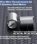 Two 304 stainless steel helicoil thread inserts from LEONTOOL kit, metric sizes M3–M12.