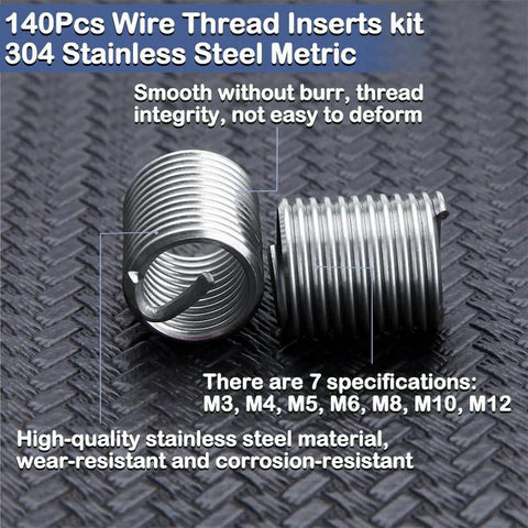 Two 304 stainless steel helicoil thread inserts from LEONTOOL kit, metric sizes M3–M12.