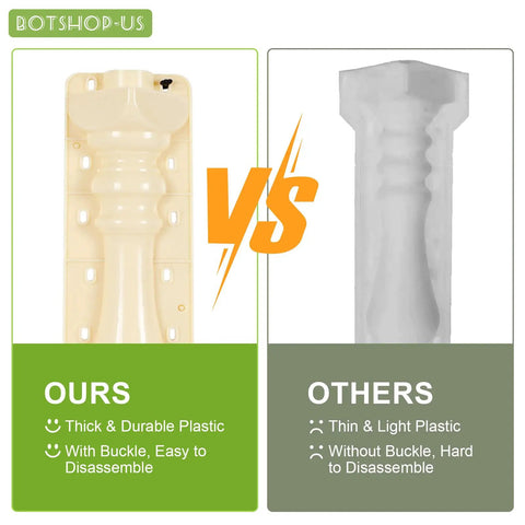 Comparison of 27.6 Inch Concrete Roman Column Molds Set 2 Piece Balustrade Molds for Cool Garden Fence Decor Poolside Railing DIY Cement Plaster Casting Outdoor Masonry Tool, showing thick plastic with buckle against thin plastic without buckle.